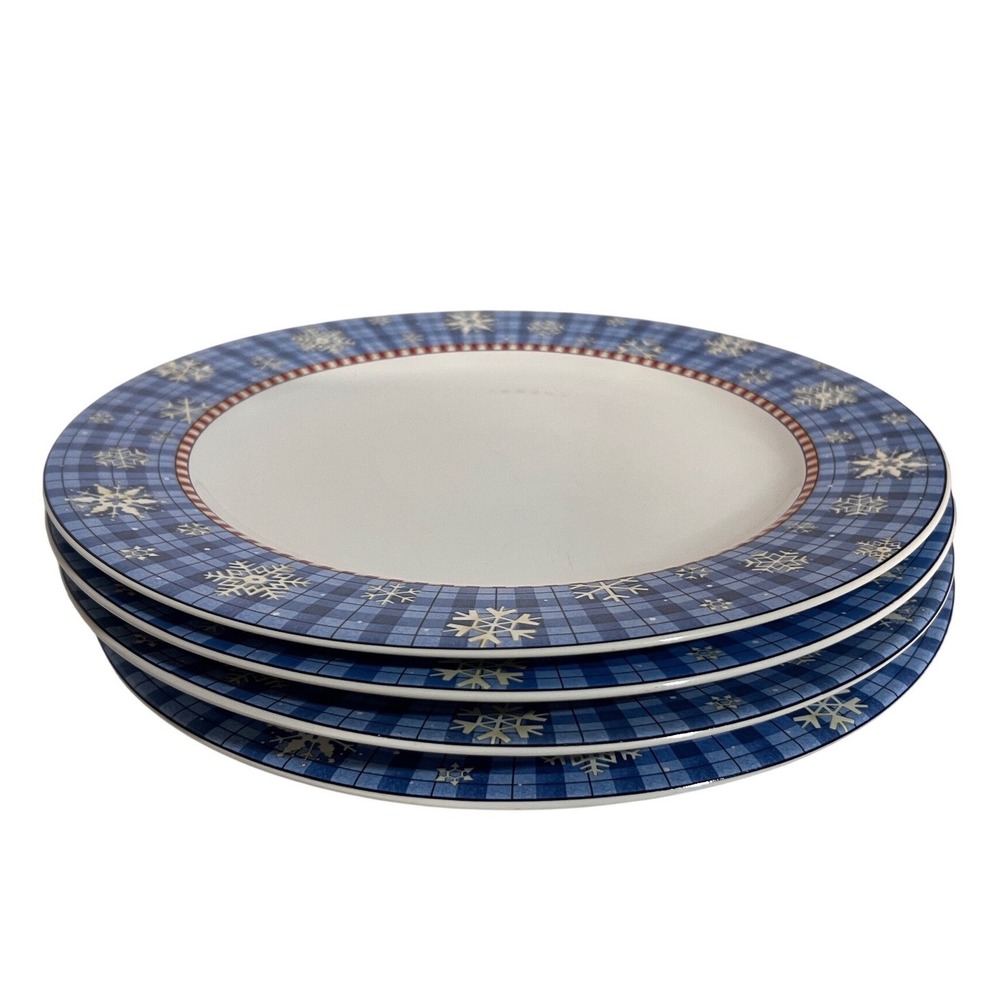 Debbie Mumm Sakura Snowflake Dinner Plates Blue Plaid Set of 4 Stoneware Holiday